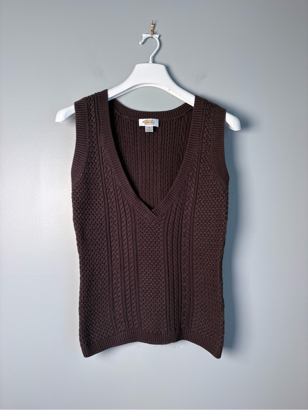 Talbots Womens Medium Brown Cable Knit Sweater Vest V-Neck Cashmere Blend M